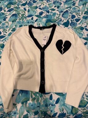 Express White Cardigan with Black Trim & Broken Heart NWT